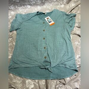 NWT Weatherproof aqua green tie front top short sleeve XXL